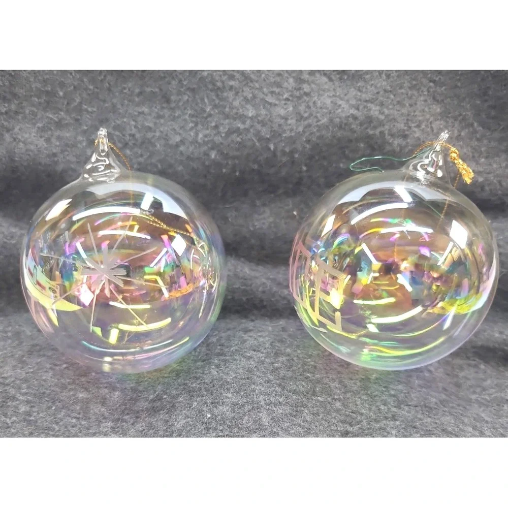 2 Clear Hand Blown Glass Christmas Ornaments Iridescent Etched Joy Peace